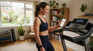 Syncing a workout tracking app with a treadmill for interval training in a Canadian home.