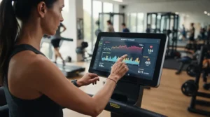Selecting preset interval programs on the console of a treadmill for interval training.