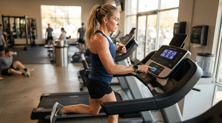 User demonstrating treadmill quick speed adjustment while using a treadmill for interval training.