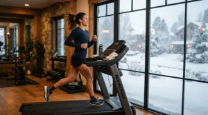 Enjoying morning cardio on a treadmill for interval training during snowy winter weather outside.