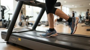 Runner demonstrating deck cushioning on a treadmill for long-distance running to absorb impact during winter training in Toronto.
