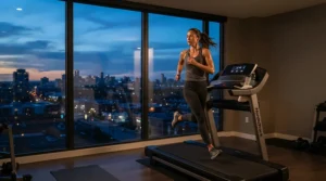 Dedicated runner using a quiet treadmill for long-distance running during an early morning training session before sunrise.