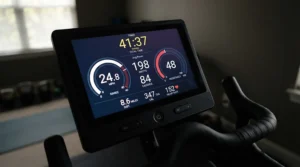 Digital console of a treadmill for long-distance running displaying split times and distance metrics for endurance runners.