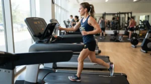 Marathoner reaching for a water bottle from the integrated holder on a treadmill for long-distance running during a tempo workout.