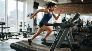 Runner tackling a steep incline on a robust treadmill for long-distance running to build hill stamina for outdoor marathons.