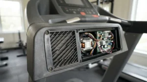 Side profile of a high-performance treadmill for long-distance running highlighting heavy-duty motor cooling vents for continuous use.