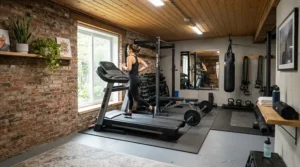 A dedicated home gym featuring a robust treadmill for marathon training in Montreal