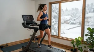A runner using a treadmill for marathon training during a snowy Canadian winter morning