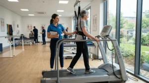A patient walking slowly on a treadmill for post-surgery rehab supervised by a physiotherapist in a bright clinic.