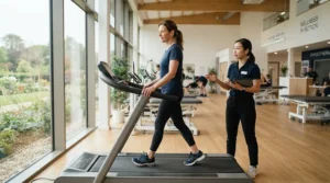 A patient practicing controlled movement on a treadmill for post-surgery rehab with an incline set to zero.