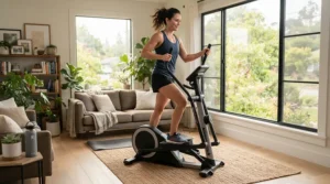 An individual using a compact treadmill for post-surgery rehab at home near a large living room window.