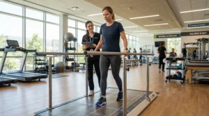 A person in comfortable athletic wear stepping carefully on a treadmill for post-surgery rehab after knee surgery.