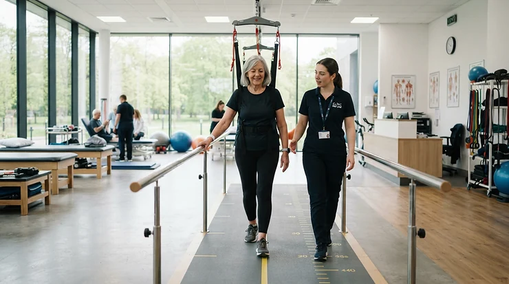 Physical therapy session featuring a patient using a treadmill for post-surgery rehab in a modern clinic.