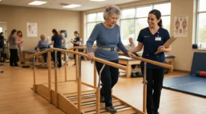 An older adult taking cautious steps on a treadmill for post-surgery rehab with a healthcare worker nearby.