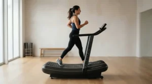 A side view of a person engaged in low-impact walking on a treadmill for post-surgery rehab.
