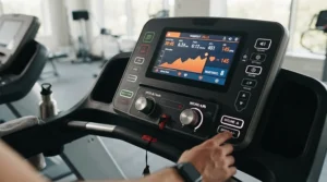 Checking console metrics on a treadmill for serious runners vs commercial gym treadmill during a workout.