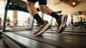 Close-up of a runner using a treadmill for speed training with a high top speed capability