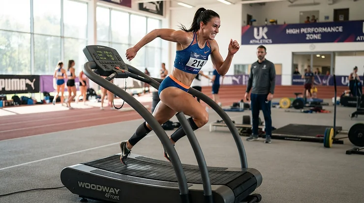 Competitive runner utilizing a professional treadmill for speed training routines