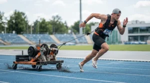 Runner wearing safety gear on a treadmill for speed training featuring rapid deceleration