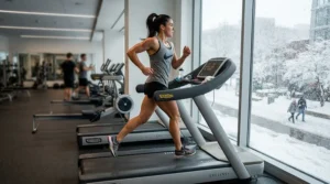 An athlete using a treadmill for speed training in a modern Canadian basement during winter